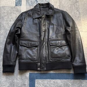 Men's Black Leather Bomber Jacket with Flap Pockets